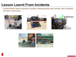 Lesson Learnt From Incidents – Always Use your Commonsense & observe Safety Rules!!!
Incident Details: Recent examples of workers sleeping/resting under vehicles, plant, stockpiles
and other unsafe areas.
X X
X X Good Practice
46
“Workers Lives Matter”
Lesson Learnt From Incidents
 