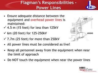 Flagman’s Responsibilities -
Power Lines
• Ensure adequate distance between the
equipment and overhead power lines is
maintained:
 4.5 m (15 feet) for less than 125kV
 6m (20 feet) for 125-250kV
 7.7m (25 feet) for more than 250kV
• All power lines must be considered as live!
• Keep all personnel away from the equipment when near
the limit of approach
• Do NOT touch the equipment when near the power lines
 