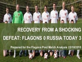 RECOVERY FROM A SHOCKING
DEFEAT: FLAGONS 0 RUSSIA TODAY 3
Prepared for the Flagons Post Match Analysis 25/10/2010
RECOVERY FROM A SHOCKING
DEFEAT: FLAGONS 0 RUSSIA TODAY 3
Prepared for the Flagons Post Match Analysis 25/10/2010
 
