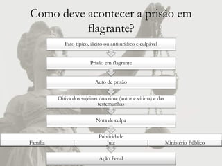 Como deve acontecer a prisão em
          flagrante?
             Fato típico, ilícito ou antijurídico e culpável


                         Prisão em flagrante


                            Auto de prisão

          Oitiva dos sujeitos do crime (autor e vítima) e das
                             testemunhas

                            Nota de culpa

                              Publicidade
Família                          Juiz                           Ministério Público

                              Ação Penal
 