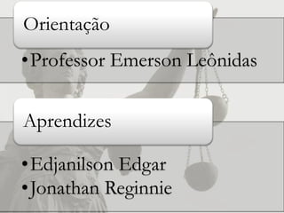 Orientação
•Professor Emerson Leônidas


Aprendizes

•Edjanilson Edgar
•Jonathan Reginnie
 