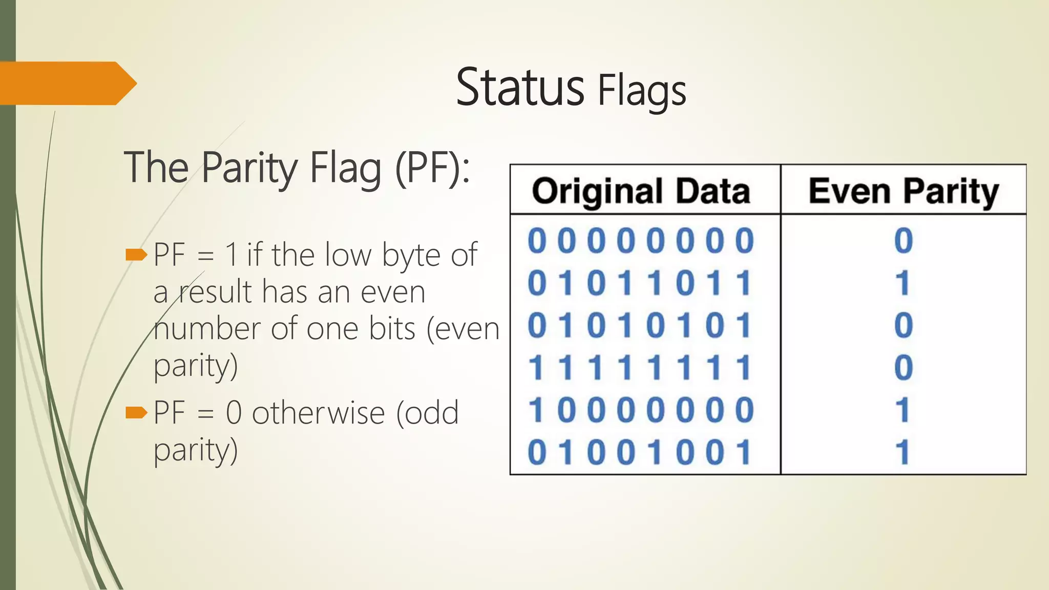 Status Flags
The Parity Flag (PF):
PF = 1 if the low byte of
a result has an even
number of one bits (even
parity)
PF = 0 otherwise (odd
parity)
 