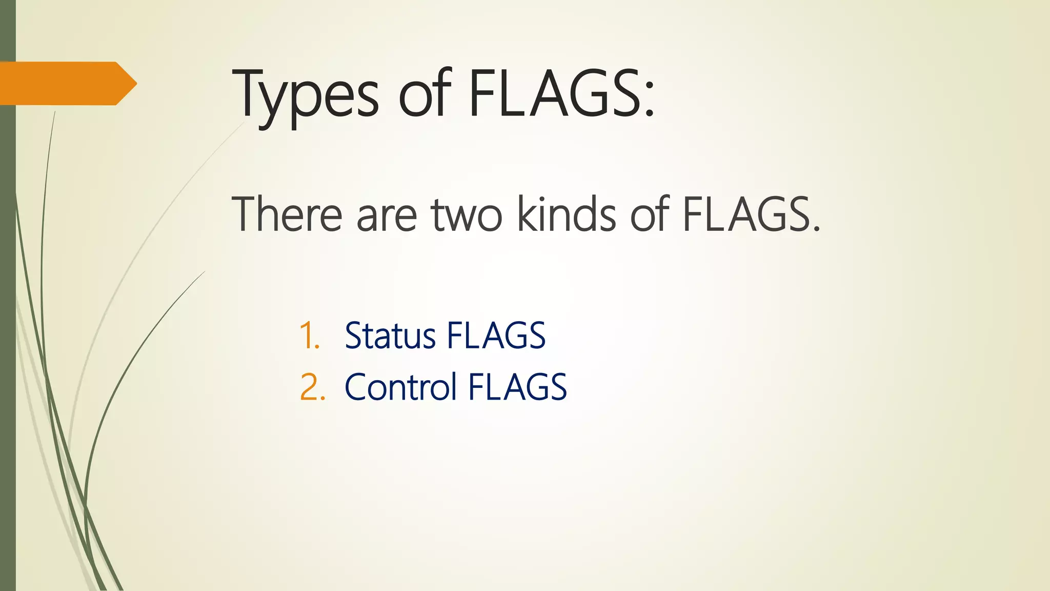 Types of FLAGS:
There are two kinds of FLAGS.
1. Status FLAGS
2. Control FLAGS
 