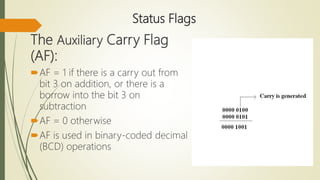 Status Flags
The Auxiliary Carry Flag
(AF):
AF = 1 if there is a carry out from
bit 3 on addition, or there is a
borrow into the bit 3 on
subtraction
AF = 0 otherwise
AF is used in binary-coded decimal
(BCD) operations
 