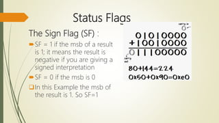 Status Flags
The Sign Flag (SF) :
SF = 1 if the msb of a result
is 1; it means the result is
negative if you are giving a
signed interpretation
SF = 0 if the msb is 0
In this Example the msb of
the result is 1. So SF=1
 
