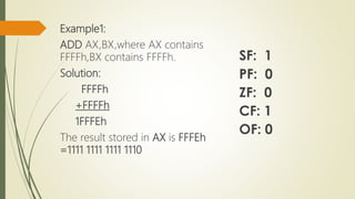 Example1:
ADD AX,BX,where AX contains
FFFFh,BX contains FFFFh.
Solution:
FFFFh
+FFFFh
1FFFEh
The result stored in AX is FFFEh
=1111 1111 1111 1110
 