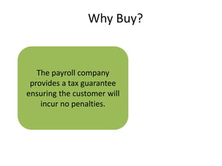 Why Buy? 
The payroll company 
provides a tax guarantee 
ensuring the customer will 
incur no penalties. 
 