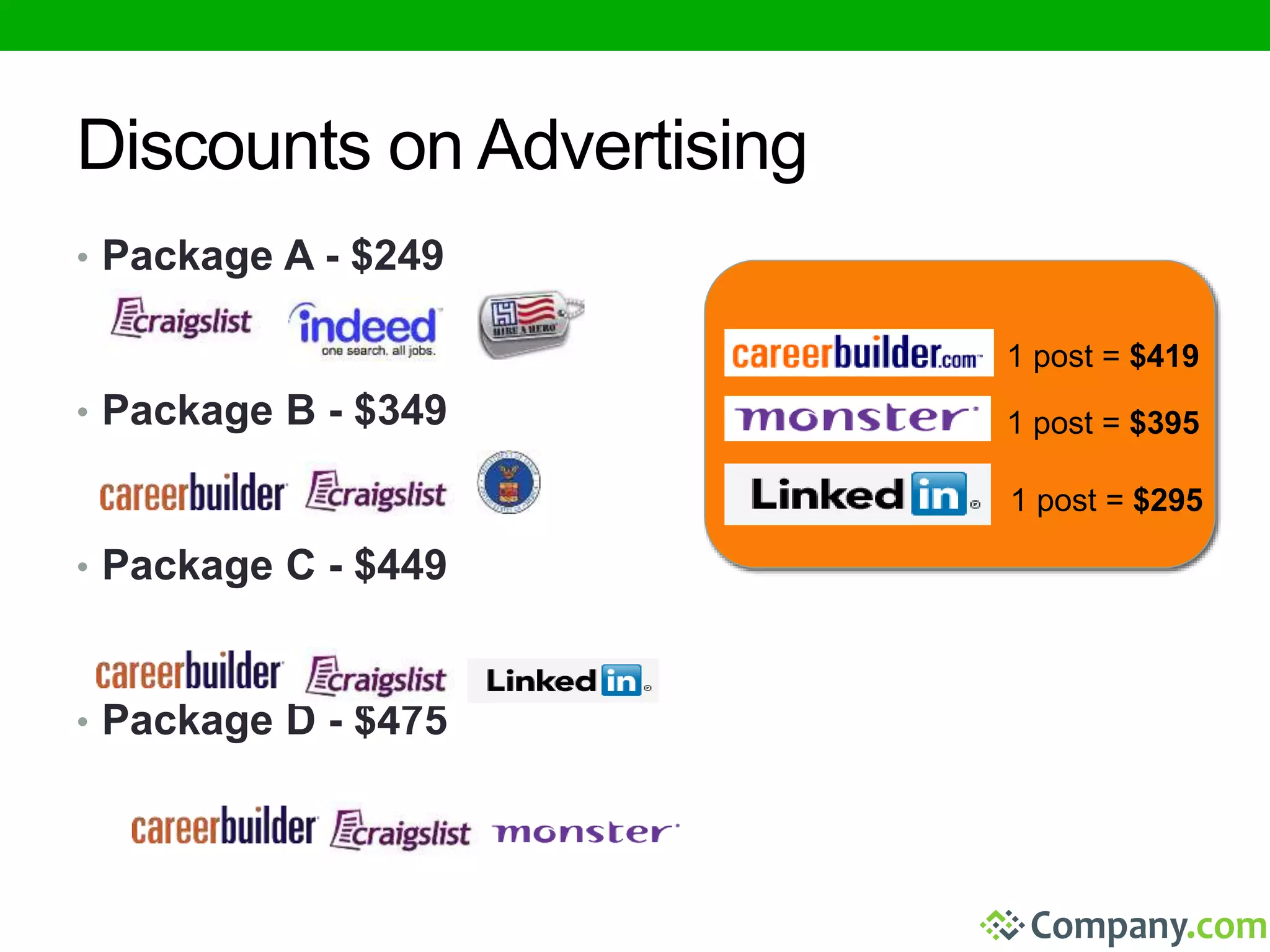 Discounts on Advertising 
• Package A - $249 
• Package B - $349 
• Package C - $449 
• Package D - $475 
1 post = $419 
1 post = $395 
1 post = $295 
 