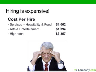 Hiring is expensive! 
Cost Per Hire 
• Services – Hospitality & Food $1,062 
• Arts & Entertainment $1,394 
• High-tech $3,357 
 