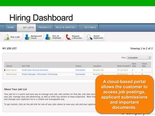 A cloud-based portal 
allows the customer to 
access job postings, 
applicant submissions 
and important 
documents. 
Hiring Dashboard 
 