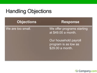 Handling Objections 
Objections Response 
We are too small. We offer programs starting 
at $49.00 a month. 
Our household payroll 
program is as low as 
$29.00 a month. 
 
