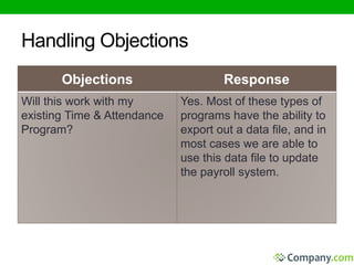 Handling Objections 
Objections Response 
Will this work with my 
existing Time & Attendance 
Program? 
Yes. Most of these types of 
programs have the ability to 
export out a data file, and in 
most cases we are able to 
use this data file to update 
the payroll system. 
 