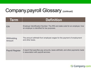 Company.payroll Glossary (continued) 
Term Definition 
EIN Employer Identification Number: The IRS and state code for an employer, how 
an employer is identified for tax purposes. 
Withholding 
Amount 
The amount withheld from employee wages for the payment of employment 
and other taxes. 
Payroll Register A report that specifies pay amounts, taxes withheld, and other payments made 
in association with payroll services. 
 
