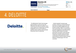 4. DELOITTE
              > The @DeloitteUK Twitter feed averages        > Deloitte (global)’s Facebook page
              approximately 3-4 posts per day, with          provides a continuous stream of relevant
              information that links to its website. There   posts that are highly engaged with, and
              is also a good use of retweeting to increase   provide excellent insight into, the brand
              Engagement, but no conversations or            and its personality. There is a great deal of
              questions which could be used to provoke       proactive engagement and endorsements
              interactions from its community.               from fans which reinforce the brand
                                                             positioning. The brand’s custom tab links
                                                             through to a branded section providing
                                                             strong video content and links to other
                                                             social channels. Of all the brands reviewed,
                                                             Deloitte’s Facebook page is the most
                                                             successful.
 