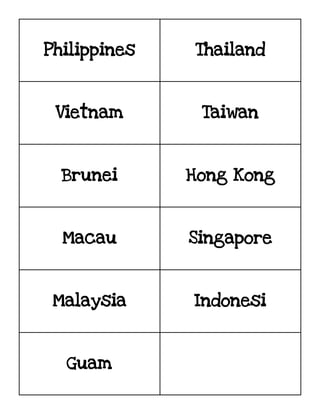 Philippines Thailand
Vietnam Taiwan
Brunei Hong Kong
Macau Singapore
Malaysia Indonesi
Guam
 