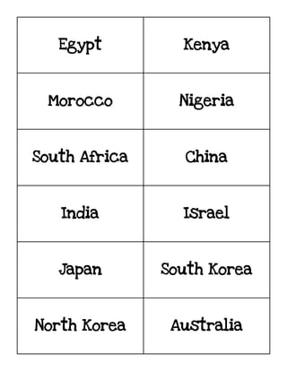 Egypt Kenya
Morocco Nigeria
South Africa China
India Israel
Japan South Korea
North Korea Australia
 