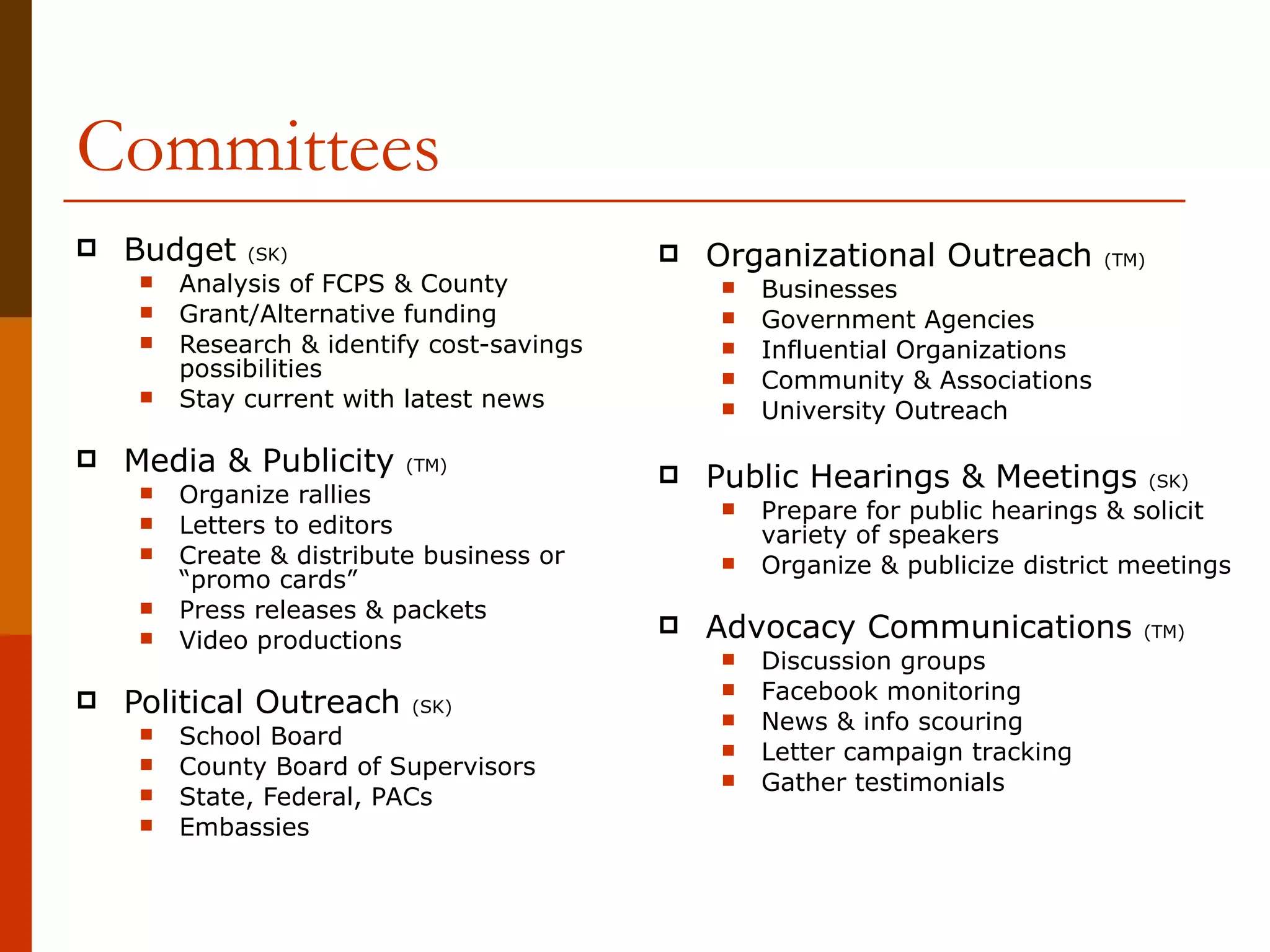 Committees Budget  (SK) Analysis of FCPS & County Grant/Alternative funding Research & identify cost-savings possibilities Stay current with latest news Media & Publicity  (TM) Organize rallies Letters to editors Create & distribute business or “promo cards” Press releases & packets Video productions Political Outreach  (SK) School Board County Board of Supervisors State, Federal, PACs Embassies Organizational Outreach  (TM) Businesses Government Agencies Influential Organizations Community & Associations University Outreach Public Hearings & Meetings  (SK) Prepare for public hearings & solicit variety of speakers Organize & publicize district meetings Advocacy Communications  (TM) Discussion groups Facebook monitoring News & info scouring Letter campaign tracking Gather testimonials 