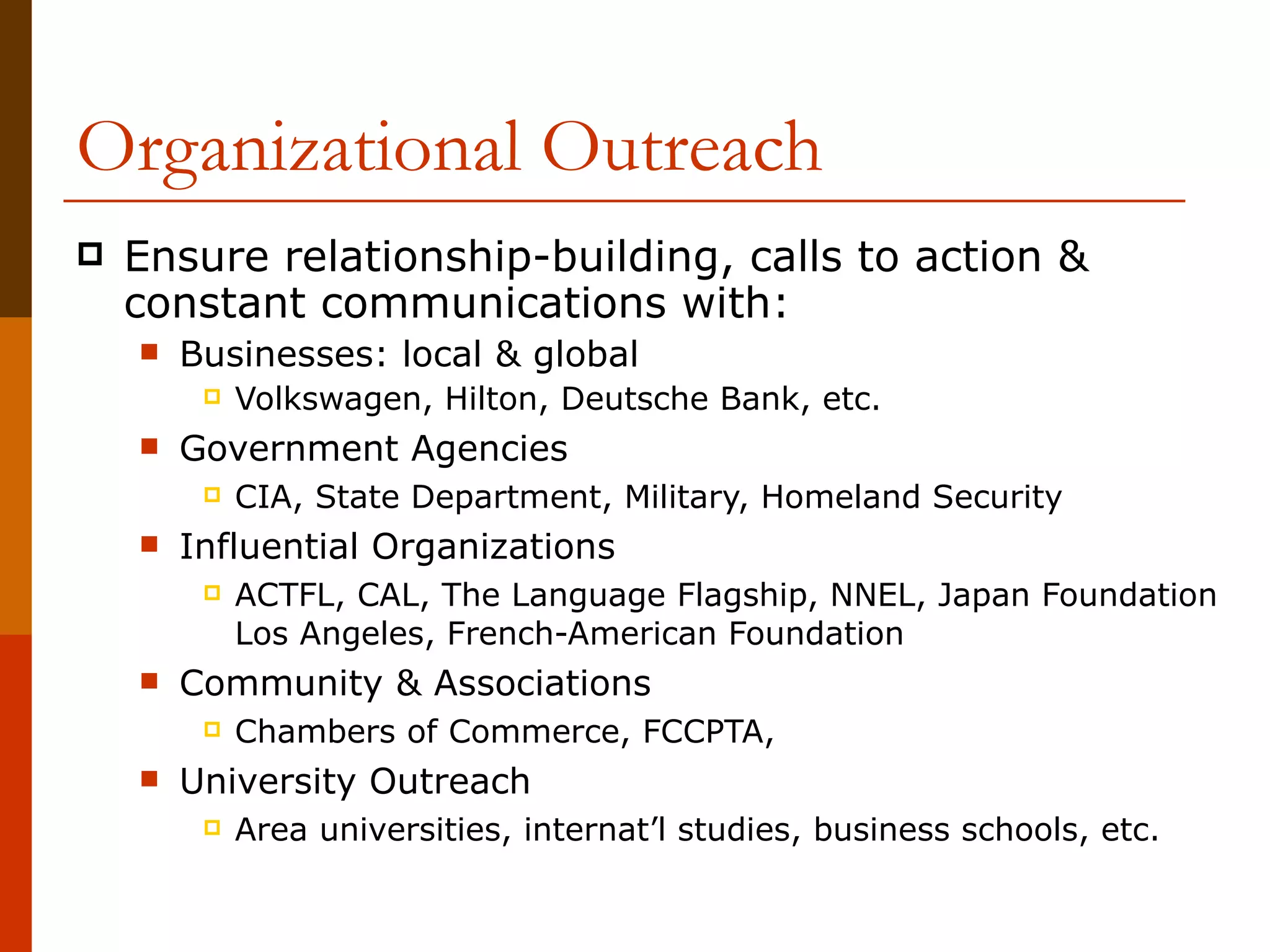 Organizational Outreach Ensure relationship-building, calls to action & constant communications with: Businesses: local & global Volkswagen, Hilton, Deutsche Bank, etc. Government Agencies CIA, State Department, Military, Homeland Security Influential Organizations ACTFL, CAL, The Language Flagship, NNEL, Japan Foundation Los Angeles, French-American Foundation Community & Associations Chambers of Commerce, FCCPTA,  University Outreach Area universities, internat’l studies, business schools, etc. 