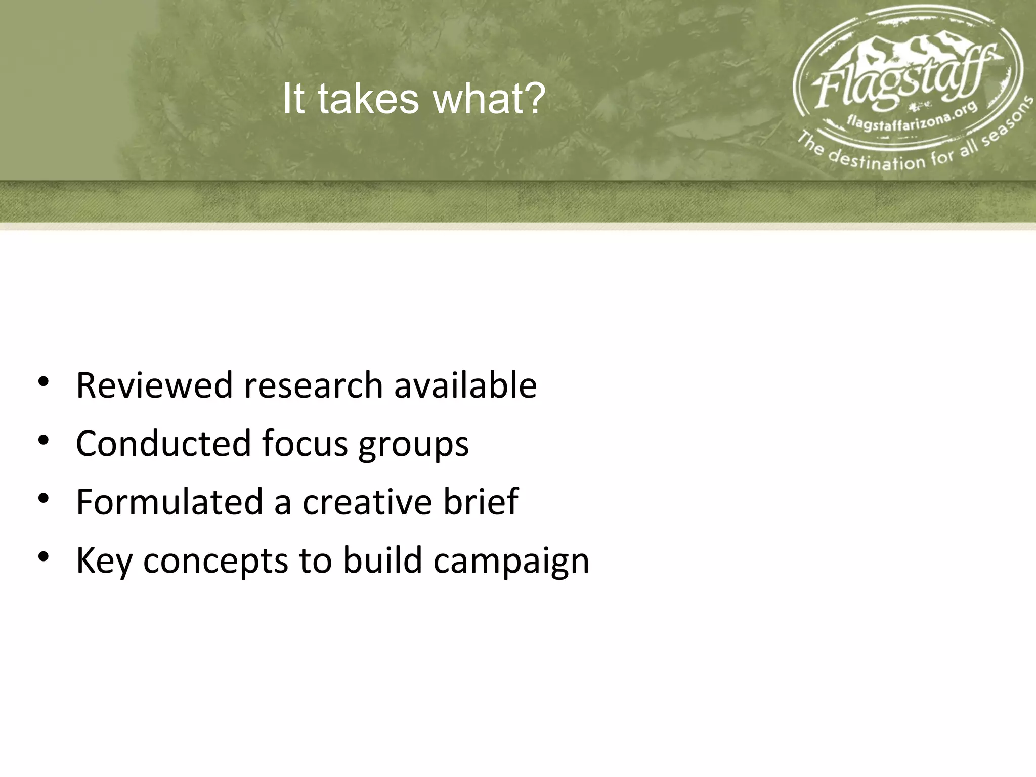It takes what?
• Reviewed research available
• Conducted focus groups
• Formulated a creative brief
• Key concepts to build campaign
 