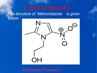 Chemical Structure
© Clearsky Pharmacy
The structure of Metronidazole is given
below:
 