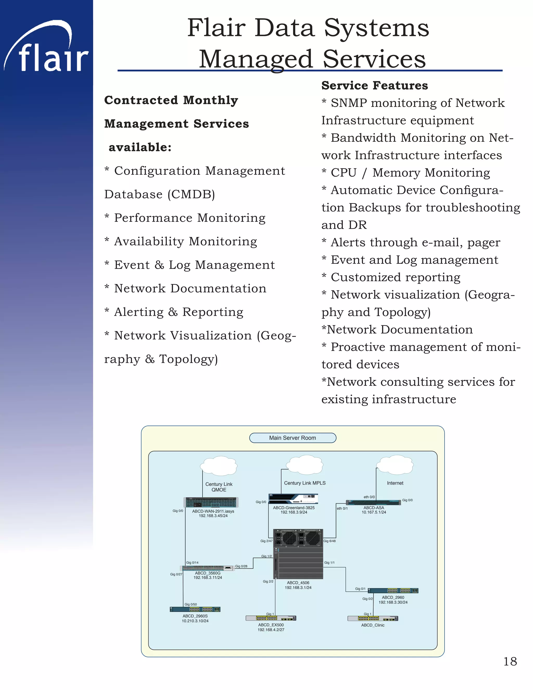 Flair Data Systems
                                                     Managed Services
                                                                                                                                                                                                                                                                                                                                                                                                                                                                                                                                                                                                                                                                                                                  Service Features
Contracted Monthly                                                                                                                                                                                                                                                                                                                                                                                                                                                                                                                                                                                                                                                                                                * SNMP monitoring of Network
Management Services                                                                                                                                                                                                                                                                                                                                                                                                                                                                                                                                                                                                                                                                                               Infrastructure equipment
                                                                                                                                                                                                                                                                                                                                                                                                                                                                                                                                                                                                                                                                                                                  * Bandwidth Monitoring on Net-
available:
                                                                                                                                                                                                                                                                                                                                                                                                                                                                                                                                                                                                                                                                                                                  work Infrastructure interfaces
* Configuration Management                                                                                                                                                                                                                                                                                                                                                                                                                                                                                                                                                                                                                                                                                        * CPU / Memory Monitoring
Database (CMDB)                                                                                                                                                                                                                                                                                                                                                                                                                                                                                                                                                                                                                                                                                                   * Automatic Device Conﬁgura-
                                                                                                                                                                                                                                                                                                                                                                                                                                                                                                                                                                                                                                                                                                                  tion Backups for troubleshooting
* Performance Monitoring
                                                                                                                                                                                                                                                                                                                                                                                                                                                                                                                                                                                                                                                                                                                  and DR
* Availability Monitoring                                                                                                                                                                                                                                                                                                                                                                                                                                                                                                                                                                                                                                                                                         * Alerts through e-mail, pager
* Event & Log Management                                                                                                                                                                                                                                                                                                                                                                                                                                                                                                                                                                                                                                                                                          * Event and Log management
                                                                                                                                                                                                                                                                                                                                                                                                                                                                                                                                                                                                                                                                                                                  * Customized reporting
* Network Documentation
                                                                                                                                                                                                                                                                                                                                                                                                                                                                                                                                                                                                                                                                                                                  * Network visualization (Geogra-
* Alerting & Reporting                                                                                                                                                                                                                                                                                                                                                                                                                                                                                                                                                                                                                                                                                            phy and Topology)
* Network Visualization (Geog-                                                                                                                                                                                                                                                                                                                                                                                                                                                                                                                                                                                                                                                                                    *Network Documentation
                                                                                                                                                                                                                                                                                                                                                                                                                                                                                                                                                                                                                                                                                                                  * Proactive management of moni-
raphy & Topology)                                                                                                                                                                                                                                                                                                                                                                                                                                                                                                                                                                                                                                                                                                 tored devices
                                                                                                                                                                                                                                                                                                                                                                                                                                                                                                                                                                                                                                                                                                                  *Network consulting services for
                                                                                                                                                                                                                                                                                                                                                                                                                                                                                                                                                                                                                                                                                                                  existing infrastructure

                                                                                                                                                                                                                                                                                                                                                                                                                              Main Server Room




                                                                                                                                                                                               Century Link                                                                                                                                                                                                                                                                                                                     Century Link MPLS                                                                                                                                                                                                                                                                                                                                                                       Internet
                                                                                                                                                                                                 QMOE
                                                                                                                                                                                                                                                                                                                                                                                                                                                                                                                                                                                                                                                                              Cisco 3800 Series




                                                                                                                                                                                                                                                                                                                                                                                                                                                                                                                                                                                                                                                                                                                                                                      eth 0/0
                                                                                                                                                                                                                                                                                                                                                                                                                                                                                                                                                                                                                     100-240 V ~ 3A
                                                                                                                                                                                                                                                                                                                                                                                                                                                                                                                                                                                                                        50/60H z




                                                                                                                                                                                                                                                                                                                                                                                                                                                                                                                                                                                                                                                                                                                                                                                                                                                                                                                                                                                                               Gig 0/0
                                                                                                                                                                                          SYS    A CT     POE        RPS        PS
                                                                                                                                                                                                                                                                                                               Cisco 2900 Series




                                                                                                                                                                                                                                P                                                                                                             Gig 0/0
                                                                                                                                                                                                                                                                                                                                                                                                                                                                                                                                                                                                                                                                                                                                                                                                                                                                                                                                         CISCO ASA 5510 series
                                                                                                                                                                                                                                                                                                                                                                                                                                                                                                                                                                                                                        SYS           AUX
                                                                                                                                                                                                                                                                                                                                                                                                                                                                                                                                                                                                                                                                                                                                                                                                                                                                                                                                                        A daptive Security A ppliance
                                                                                                                                                                                                                                                                                                                                                                                                                                                                                                                                                                                                         SYS   ACT      PWR   RPS     PWR   AIM0   AIM1   PVDM0   PVDM1   PVDM2   PVDM3
                                                                                                                                                                                                                                                                                                                                                                                                                                                                                                                                                       CF

                                                                                                                                                                                                                                                                                                                                                                                                                                                                                                                                                                DO NOT REMOVE DURING NETWORK OPERATION




                                                                                                                      A C OK
                                                                                                                                       I                                                                                                                                                                                                                                                                                                                                                                                                                                                                                                                                                                                                                                                                                                                                    POWER   STATUS   ACTIVE   VPN   FLASH
                                                                                                                     100 -240V~
                                                                                                                        6-2A
                                                                                                                      50- 60 Hz




                                                                                                                                                                                                                                                                                                                                                                                                                                                           ABCD-Greenland-3825                                                                                                                                                                                                                                               eth 0/1                           ABCD-ASA
                                                                                                                        P OE




                     Gig 0/0                                                                     ABCD-WAN-2911.iasys                                                                                                                                                                                                                                                                                                                                          192.168.3.9/24                                                                                                                                                                                                                                                                                  10.167.5.1/24
                                                                                                   192.168.3.45/24


                                                                                                                                                                                                                                                                                                                                                                                                                                                                                                                                                                                                                 SWITCHED SHOULD BE IN THE OFF ‘O’ POSITION TO INSTALL /
                                                                                                                                                                                                                                                                                                                                                                                                                                                                                                            SWITCHED SHOULD BE IN THE OFF ‘O’ POSITION TO INSTALL /                                            REMOVE POWER SUPPLIES. FASTENERS MUST BE FULLY ENGAGED
                                                                                                                                                                                                                                                                                                                                                                                                                                                                                                          REMOVE POWER SUPPLIES. FASTENERS MUST BE FULLY ENGAGED                                                          PRIOR TO OPERATING POWER SUPPLY
                                                                                                                                                                                                                                                                                                                                                                                                                                                                                                                     PRIOR TO OPERATING POWER SUPPLY                                                      100-240V~
                                                                                                                                                                                                                                                                                                                                                                                                                                                                                                       100-240V~                                                                                             12A
                                                                                                                                                                                                                                                                                                                                                                                                                                                                                                          12A                                                                                              50/60Hz
                                                                                                                                                                                                                                                                                                                                                                                                                                                                                                        50/60Hz

                                                                                                                                                                                                                                                                                                                                                                                                                                                                                                                                                                                                                          OUTPUT FAIL
                                                                                                                                                                                                                                                                                                                                                                                                                                                                                                                   OUTPUT FAIL
                                                                                                                                                                                                                                                                                                                                                                                                                                                                                                                                                                                                                                                                                                    POE ENABLED
                                                                                                                                                                                                                                                                                                                                                                                                                                                                                                                                                                       POE ENABLED
                                                                                                                                                                                                                                                                                                                                                                                                                                                                                                                   FAN OK
                                                                                                                                                                                                                                                                                                                                                                                                                                                                                                                                                                                                                          FAN OK




                                                                                                                                                                                                                                                                                                                                                                                                                                                                                                           INPUT 1                                                                                              INPUT 1
                                                                                                                                                                                                                                                                                                                                                                                                                                                                                                             OK                                                                                                   OK




                                                                                                                                                                                                                                                                                                                                                                   Gig 2/47                                                                                                                                                                                                                                                                                                                                       Gig 6/48
                                                                                                                                                                                                                                                                                                                                                                                                                                                                                                           INPUT 2                                                                                              INPUT 2
                                                                                                                                                                                                                                                                                                                                                                                                                                                                                                             OK                                                                                                   OK




                                                                                                                                                                                                                                                                                                                                                                                                                                                                                                       100-240V~
                                                                                                                                                                                                                                                                                                                                                                                                                                                                                                          12A                                                                                             100-240V~
                                                                                                                                                                                                                                                                                                                                                                                                                                                                                                        50/60Hz
                                                                                                                                                                                                                                                                                                                                                                                                                                                                                                                                                                4200ACV                                      12A
                                                                                                                                                                                                                                                                                                                                                                                                                                                                                                                                                                                                           50/60Hz
                                                                                                                                                                                                                                                                                                                                                                                                                                                                                                                                                                                                                                                                                                  4200ACV
                                                                                                                                                                                                                                                                                                                                                                                                                                                                                          SUPERVISOR




                                                                                                                                                                                                                                                                                                                                                                                                                                                                                      1


                                                                                                                                                                                                                                                                                                                                                                                                                                                            Catalyst
                                                                                                                                                                                                                                                                                                                                                                                                                                                            4506-E


                                                                                                                                                                                                                                                                                                                                                                           Gig 1/2
                                                                                                                                                                                                                                                                                                                                                                                                                                                                                      2




                                                                                                                                                                                                                                                                                                                                                                                                                                                                                      3




                                                Gig 0/14                                                                                                                                                                                                                                                                                                                                                                                                                                                                                                                                                                                                                                                          Gig 1/1
                                                                                                                                                                                                                                                                                                                                   Gig 0/28
                                                                                                                                                                                                                                                                                                                                                                                                                                                                                      4
                                    CONS OLE
                                                    SYST   XPS   STAT    SPEED       DUPLX
                           MODE                                                                                                                                                                                                                                                                                       BLANK
                                               FN
                                                                                                                                                                                                                                                                                                                     MODULE
                               1X                                                                    11X   13X                                                        23X 25X                                                                        35X 37X




                               2X                                                                    12X   14X                                                        24X 26X                                                                        36X 38X


                                                                                                                                                                                                                                                                                      Catalyst 3560-X Series
                                                                                                                                                                                                                                                                                                                                                                                                                                                                                      5




          Gig 0/27                                                                                            ABCD_3560G
                                                                                                             192.168.3.11/24
                                                                                                                                                                                                                                                                                                                                                                                                                                                                 FAN                  6
                                                                                                                                                                                                                                                                                                                                                                                                                                                                STATUS




                                                                                                                                                                                                                                                                                                                                                                                   Gig 2/2
                                                                                                                                                                                                                                                                                                                                                                                                                                                                                                                                 ABCD_4506
                                                                                                                                                                                                                                                                                                                                                                                                                                                                                                                                192.168.3.1/24                                                                                                                                                                                         Gig 0/1                                                                 SYST
                                                                                                                                                                                                                                                                                                                                                                                                                                                                                                                                                                                                                                                                                                                                                                                                               RPS
                                                                                                                                                                                                                                                                                                                                                                                                                                                                                                                                                                                                                                                                                                                                                                                                                                                                                                                        1X
                                                                                                                                                                                                                                                                                                                                                                                                                                                                                                                                                                                                                                                                                                                                                                                                                                                                                                                             1   2   3   4      5   6     7   8    9   10      11   12



                                                                                                                                                                                                                                                                                                                                                                                                                                                                                                                                                                                                                                                                                                                                                                                                                                                                                                                                                                                         11X   13X
                                                                                                                                                                                                                                                                                                                                                                                                                                                                                                                                                                                                                                                                                                                                                                                                                                                                                                                                                                                                     13   14   15   16   17   18   19   20   21   22   23   24



                                                                                                                                                                                                                                                                                                                                                                                                                                                                                                                                                                                                                                                                                                                                                                                                                                                                                                                                                                                                                                                                 23X
                                                                                                                                                                                                                                                                                                                                                                                                                                                                                                                                                                                                                                                                                                                                                                                                                                                                                                                                                                                                                                                                       Catalyst 2960 SERIES


                                                                                                                                                                                                                                                                                                                                                                                                                                                                                                                                                                                                                                                                                                                                                                                                               MASTR                                                                                                                                                                                                                                                         1         2
                                                                                                                                                                                                                                                                                                                                                                                                                                                                                                                                                                                                                                                                                                                                                                                                               STAT
                                                                                                                                                                                                                                                                                                                                                                                                                                                                                                                                                                                                                                                                                                                                                                                                               DUPLX
                                                                                                                                                                                                                                                                                                                                                                                                                                                                                                                                                                                                                                                                                                                                                                                                               SPEED
                                                                                                                                                                                                                                                                                                                                                                                                                                                                                                                                                                                                                                                                                                                                                                                                                                                                                                                        2X                                                               12X   14X                                                               24X



                                                                                                                                                                                                                                                                                                                                                                                                                                                                                                                                                                                                                                                                                                                                                                                                        MODE




                                                                                                                                                                                                                                                                                                                                                                                                                                                                                                                                                                                                                                                                                                                                                                  Gig 0/2                                                                                                            ABCD_2960
                                    Gig 0/50
                                                                                                                                                                                                                                                                                                                                                                                                                                                                                                                                                                                                                                                                                                                                                                                                                                                                                   192.168.3.30/24
                                                                             1   2           3   4           5   6       7     8   9       10   11   12                  13     14   15   16    17   18    19   20         21   22   23   24
                                                                                                                                                                                                                                                               Catalyst 2960 SERIES
                                                                        1X                                                                                11X   13X                                                                            23X




             SYST
             RPS
             MASTR                                                                                                                                                                                                                                                   1         2
             STAT
             DUPLX
             SPEED
                                                                        2X                                                                                12X   14X                                                                            24X



          MODE




                                                                                                                                                                                                                                                                                                                                                                                                       Gig 1                                                                                                                                                                                                                                                                                                                                                          Gig 1
                           ABCD_2960S                                                                                                                                                                                                                                                                                                         1X
                                                                                                                                                                                                                                                                                                                                                   1   2   3   4   5   6   7   8   9   10   11   12


                                                                                                                                                                                                                                                                                                                                                                                                      11X    13X
                                                                                                                                                                                                                                                                                                                                                                                                                   13   14   15   16   17   18   19   20   21   22   23   24


                                                                                                                                                                                                                                                                                                                                                                                                                                                                               23X
                                                                                                                                                                                                                                                                                                                                                                                                                                                                                                                                          Catalyst Express 500 Series


                                                                                                                                                                                                                                                                                                                                                                                                                                                                                                                                                                 SYST EM
                                                                                                                                                                                                                                                                                                                                                                                                                                                                                                                                                                                                                                                                                                                                         1X
                                                                                                                                                                                                                                                                                                                                                                                                                                                                                                                                                                                                                                                                                                                                              1   2   3   4   5   6   7   8   9   10   11   12


                                                                                                                                                                                                                                                                                                                                                                                                                                                                                                                                                                                                                                                                                                                                                                                                 11X     13X
                                                                                                                                                                                                                                                                                                                                                                                                                                                                                                                                                                                                                                                                                                                                                                                                                13   14   15   16   17   18   19   20   21   22   23   24


                                                                                                                                                                                                                                                                                                                                                                                                                                                                                                                                                                                                                                                                                                                                                                                                                                                                            23X
                                                                                                                                                                                                                                                                                                                                                                                                                                                                                                                                                                                                                                                                                                                                                                                                                                                                                                                                             Catalyst Express 500 Series




                           10.210.3.10/24
                                                                                                                                                                                                                                                                                                                                                                                                                                                                                                                                                                 ALERT                                                                                                                                                                                                                                                                                                                                                                                                      SYST EM
                                                                                                                                                                                                                                                                                                                                                                                                                                                                                                                                                                 POE                                                                                                                                                                                                                                                                                                                                                                                                        ALERT
                                                                                                                                                                                                                                                                                                                                                                                                                                                                                                                                                                 RPS                                                                                                                                                                                                                                                                                                                                                                                                        POE
                                                                                                                                                                                                                                                                                                                                                                                                                                                                                                                                                                                                                                                                                                                                                                                                                                                                                                                                                                            RPS
                                                                                                                                                                                                                                                                                                                                                                                                                                                                                                                            2                  2
                                                                                                                                                                                                                                                                                                                                              2X                                                      12X
                                                                                                                                                                                                                                                                                                                                                                                                       1 6
                                                                                                                                                                                                                                                                                                                                                                                                         X   14X                                                               24X
                                                                                                                                                                                                                                                                                                                                                                                                                                                                                1 6
                                                                                                                                                                                                                                                                                                                                                                                                                                                                                  X                                                                                                                                                                                                                                                                                                                                                                                                                                 2                               2
                                                                                                                                                                                                                                                                                                                                                                                                                                                                                                                                                             SETUP                                                                                                                                                                       2X                                                      12X
                                                                                                                                                                                                                                                                                                                                                                                                                                                                                                                                                                                                                                                                                                                                                                                                  1 6
                                                                                                                                                                                                                                                                                                                                                                                                                                                                                                                                                                                                                                                                                                                                                                                                    X    14X                                                                24X
                                                                                                                                                                                                                                                                                                                                                                                                                                                                                                                                                                                                                                                                                                                                                                                                                                                                             1 6
                                                                                                                                                                                                                                                                                                                                                                                                                                                                                                                                                                                                                                                                                                                                                                                                                                                                               X




                                                                                                                                                                                                                                                                                                                                                                                                                                                                                                                                                                                                                                                                                                                                                                                                                                                                                                                                                                       SETUP




                                                                                                                                                                                                                                                                                                                                                       ABCD_EX500                                                                                                                                                                                                                                                                                                                                                                                         ABCD_Clinic
                                                                                                                                                                                                                                                                                                                                                       192.168.4.2/27




                                                                                                                                                                                                                                                                                                                                                                                                                                                                                                                                                                                                                                                                                                                                                                                                                                                                                                                                                                                                                                                                                              18
 