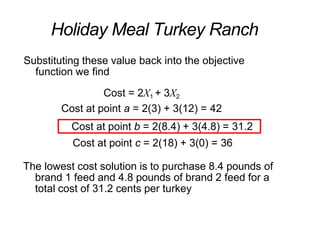 Substituting these value back into the objective
function we find
Cost = 2X1 + 3X2
Cost at point a = 2(3) + 3(12) = 42
Cost at point b = 2(8.4) + 3(4.8) = 31.2
Cost at point c = 2(18) + 3(0) = 36
The lowest cost solution is to purchase 8.4 pounds of
brand 1 feed and 4.8 pounds of brand 2 feed for a
total cost of 31.2 cents per turkey
Holiday Meal Turkey Ranch
 