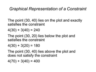 Graphical Representation of a Constraint
The point (30, 40) lies on the plot and exactly
satisfies the constraint
4(30) + 3(40) = 240
The point (30, 20) lies below the plot and
satisfies the constraint
4(30) + 3(20) = 180
The point (30, 40) lies above the plot and
does not satisfy the constraint
4(70) + 3(40) = 400
 