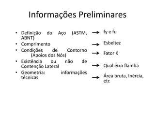 Informações Preliminares
• Definição do Aço (ASTM,
ABNT)
• Comprimento
• Condições de Contorno
(Apoios dos Nós)
• Existência ou não de
Contenção Lateral
• Geometria: informações
técnicas
fy e fu
Esbeltez
Fator K
Qual eixo flamba
Área bruta, Inércia,
etc
 