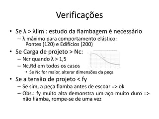 Verificações
• Se λ > λlim : estudo da flambagem é necessário
– λ máximo para comportamento elástico:
Pontes (120) e Edifícios (200)
• Se Carga de projeto > Nc:
– Ncr quando λ > 1,5
– Nc,Rd em todos os casos
• Se Nc for maior, alterar dimensões da peça
• Se a tensão de projeto < fy
– Se sim, a peça flamba antes de escoar => ok
– Obs.: fy muito alta demonstra um aço muito duro =>
não flamba, rompe-se de uma vez
 