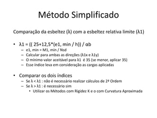 Método Simplificado
Comparação da esbeltez (λ) com a esbeltez relativa limite (λ1)
• λ1 = (( 25+12,5*(e1, min / h)) / αb
– e1, min = M1, min / Nsd
– Calcular para ambas as direções (λ1x e λ1y)
– O mínimo valor aceitável para λ1 é 35 (se menor, aplicar 35)
– Esse índice leva em consideração as cargas aplicadas
• Comparar os dois índices
– Se λ < λ1 : não é necessário realizar cálculos de 2ª Ordem
– Se λ > λ1 : é necessário sim
• Utilizar os Métodos com Rigidez K e o com Curvatura Aproximada
 