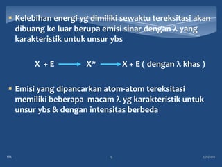  Kelebihan energi yg dimiliki sewaktu tereksitasi akan
  dibuang ke luar berupa emisi sinar dengan yang
  karakteristik untuk unsur ybs

       X +E          X*         X + E ( dengan khas )

 Emisi yang dipancarkan atom-atom tereksitasi
  memiliki beberapa macam yg karakteristik untuk
  unsur ybs & dengan intensitas berbeda




FES                        15                       23/11/2010
 