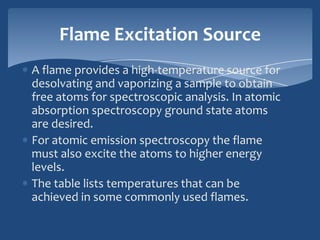 Flame Excitation Source
A flame provides a high-temperature source for
desolvating and vaporizing a sample to obtain
free atoms for spectroscopic analysis. In atomic
absorption spectroscopy ground state atoms
are desired.
For atomic emission spectroscopy the flame
must also excite the atoms to higher energy
levels.
The table lists temperatures that can be
achieved in some commonly used flames.
 