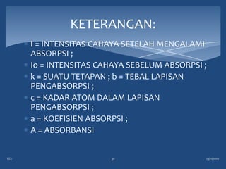 KETERANGAN:
      I = INTENSITAS CAHAYA SETELAH MENGALAMI
      ABSORPSI ;
      Io = INTENSITAS CAHAYA SEBELUM ABSORPSI ;
      k = SUATU TETAPAN ; b = TEBAL LAPISAN
      PENGABSORPSI ;
      c = KADAR ATOM DALAM LAPISAN
      PENGABSORPSI ;
      a = KOEFISIEN ABSORPSI ;
      A = ABSORBANSI


FES                     30                    23/11/2010
 