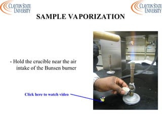 - Hold the crucible near the air
intake of the Bunsen burner
SAMPLE VAPORIZATION
Package
Click here to watch video
 