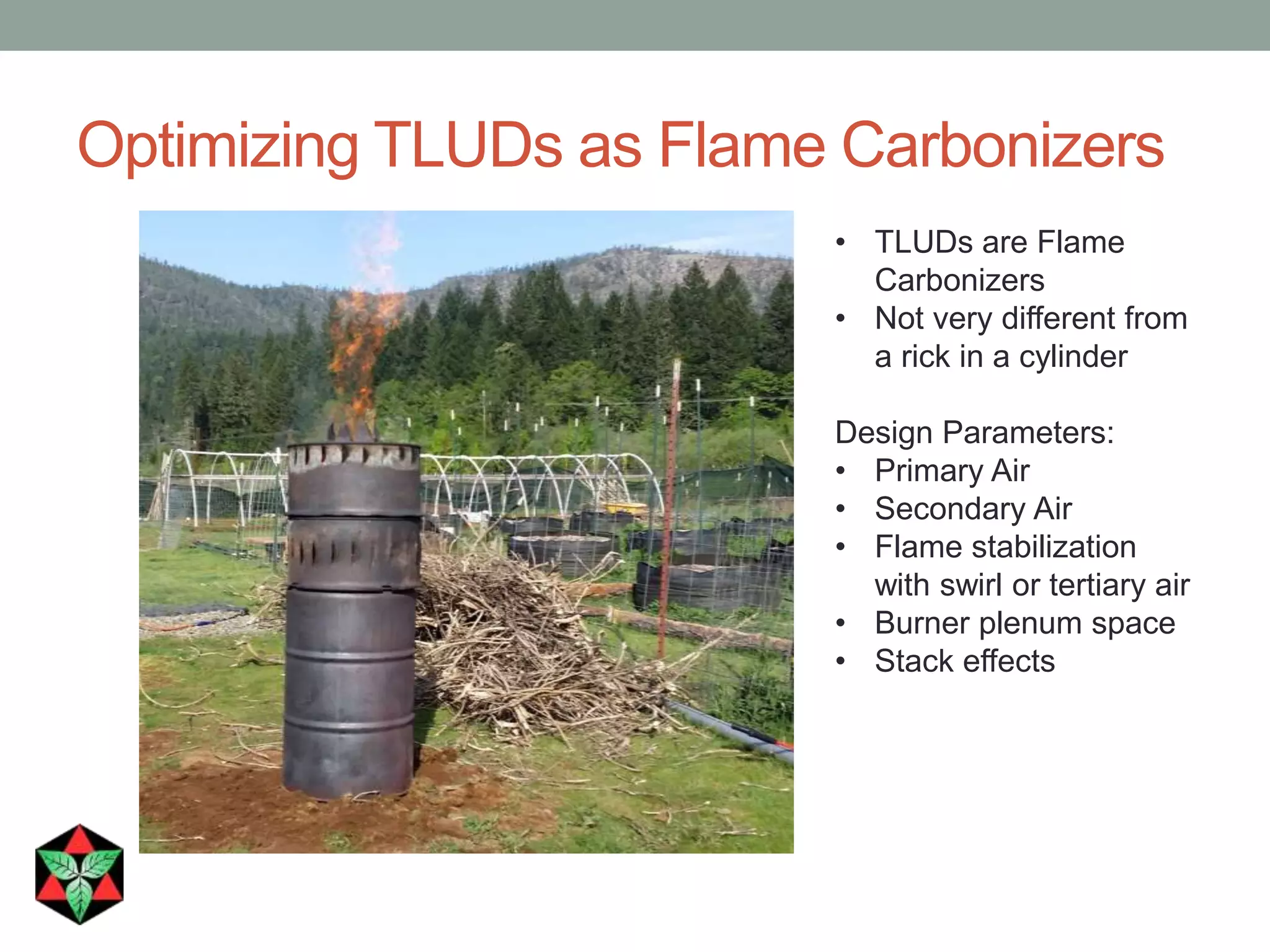 Optimizing TLUDs as Flame Carbonizers
• TLUDs are Flame
Carbonizers
• Not very different from
a rick in a cylinder
Design Parameters:
• Primary Air
• Secondary Air
• Flame stabilization
with swirl or tertiary air
• Burner plenum space
• Stack effects
 