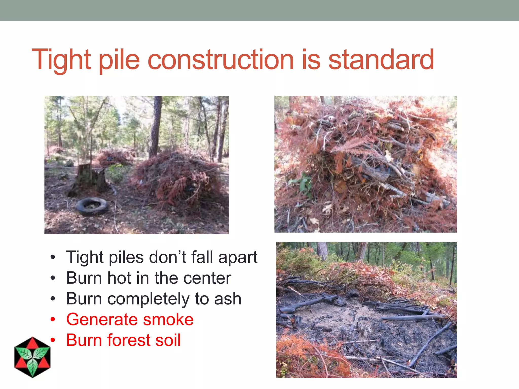 Tight pile construction is standard
• Tight piles don’t fall apart
• Burn hot in the center
• Burn completely to ash
• Generate smoke
• Burn forest soil
 