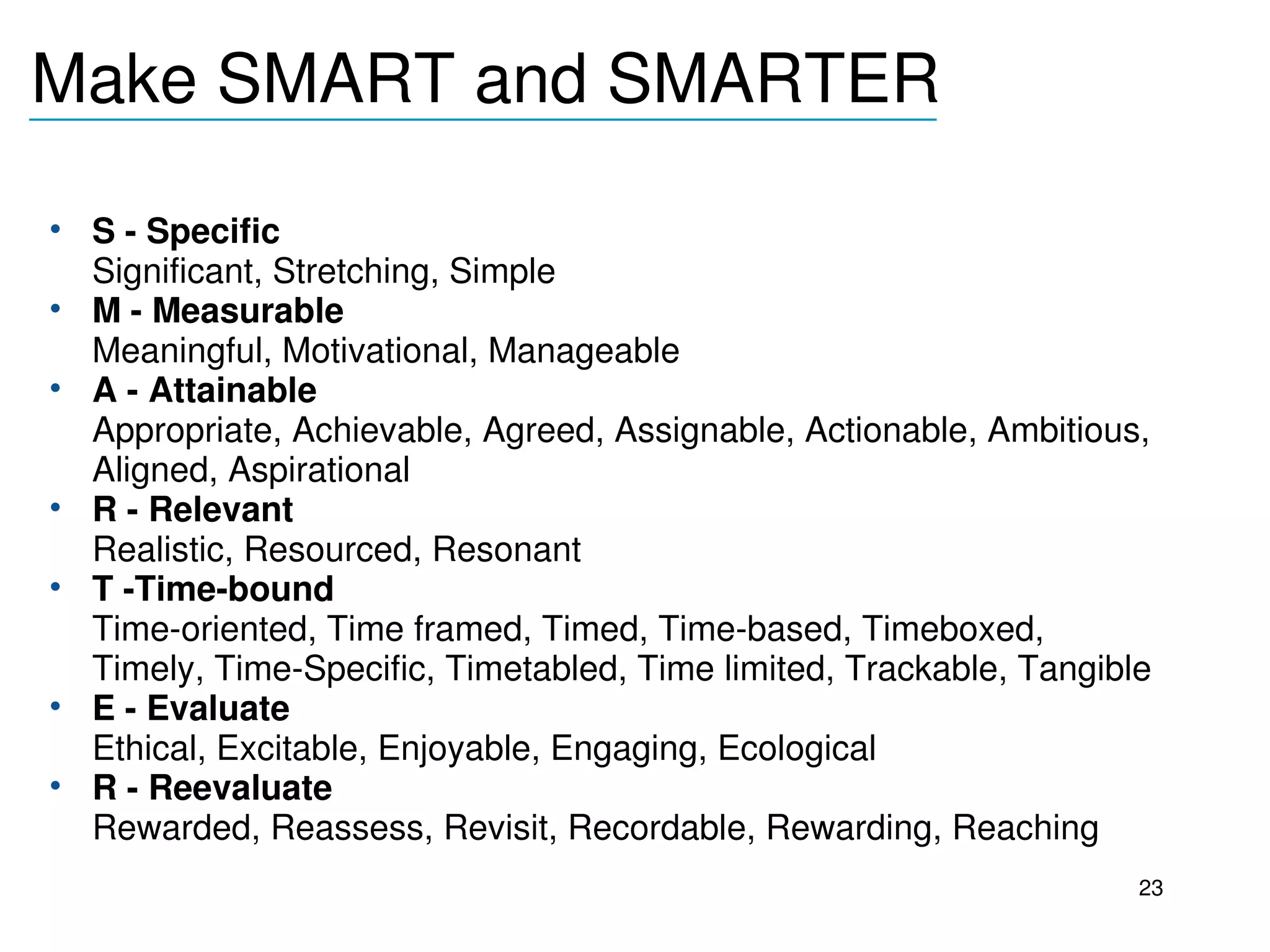 Make SMART and SMARTER
______________________________________

• S ­ Specific 
  Significant, Stretching, Simple
• M ­ Measurable 
  Meaningful, Motivational, Manageable
• A ­ Attainable 
  Appropriate, Achievable, Agreed, Assignable, Actionable, Ambitious, 
  Aligned, Aspirational
• R ­ Relevant 
  Realistic, Resourced, Resonant
• T ­Time­bound 
  Time­oriented, Time framed, Timed, Time­based, Timeboxed, 
  Timely, Time­Specific, Timetabled, Time limited, Trackable, Tangible
• E ­ Evaluate 
  Ethical, Excitable, Enjoyable, Engaging, Ecological
• R ­ Reevaluate 
  Rewarded, Reassess, Revisit, Recordable, Rewarding, Reaching
                                                                    23
 