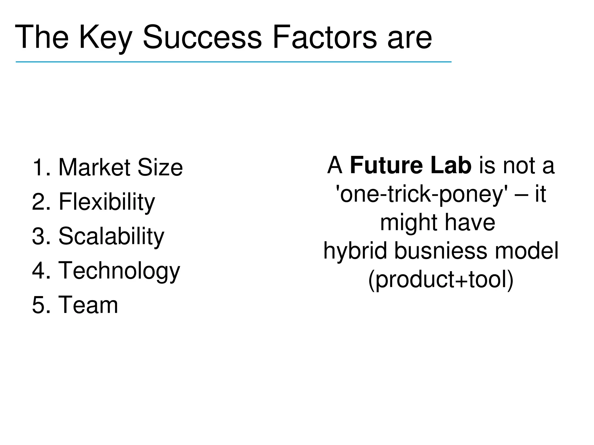 The Key Success Factors are
_______________________________________




 1. Market Size            A Future Lab is not a 
 2. Flexibility             'one­trick­poney' – it 
                                might have 
 3. Scalability
                           hybrid busniess model 
 4. Technology                 (product+tool)
 5. Team
 