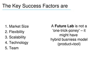 The Key Success Factors are
_______________________________________




 1. Market Size            A Future Lab is not a 
 2. Flexibility             'one­trick­poney' – it 
                                might have 
 3. Scalability
                           hybrid busniess model 
 4. Technology                 (product+tool)
 5. Team
 