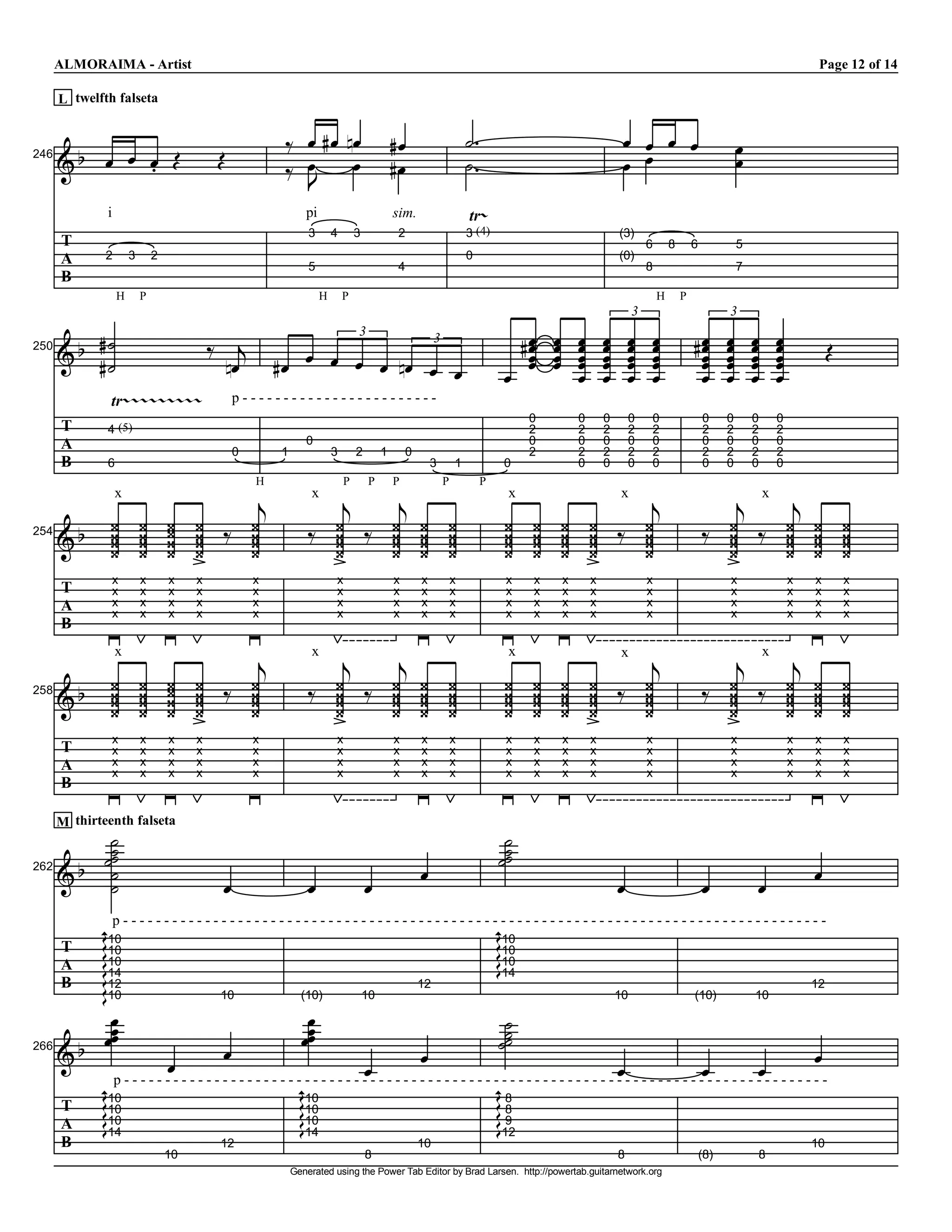 ALMORAIMA ­ Artist                                                                                                                                                                                                          Page 12 of 14 

       L  twelfth falseta 

                                                           k V gV  f V  gV                                                 W                                            V  V  V  V                       V 
246 
       I  V  V  V  j
        e                                  j               k V  V gV                                                       W                                            V  V                             V 
                                                             u
                i                                               pi                              sim.                       tr   [
                                                                 3  4            3               2                         3 (4)                                       (3) 
       T                                                                                                                                                                         6  8         6          5 
       A        2      3  2                                                                                                0                                           (0) 
                                                                 5                               4                                                                               8                       7 
       B 
                     H  P                                             H  P                                                                                                            H  P 
                                                                                                                                                                            3                           3 


       I  gW 
        e             k  c              V  V  V  V  f V  V 
                                                                                  3 
                                                                                                                                       gV 
                                                                                                                                        V 
                                                                                                                                        V 
                                                                                                                                               V
                                                                                                                                               V
                                                                                                                                               V
                                                                                                                                                        V 
                                                                                                                                                        V 
                                                                                                                                                        V 
                                                                                                                                                                  V 
                                                                                                                                                                  V 
                                                                                                                                                                  V 
                                                                                                                                                                        V 
                                                                                                                                                                        V 
                                                                                                                                                                        V 
                                                                                                                                                                                  V  gV  V  V  V 
                                                                                                                                                                                  V  V  V  V  V 
                                                                                                                                                                                  V  V  V  V  V                                    j 
                                                                                                                                     V  V      V        V         V     V         V  V  V  V  V 
                                                                       3 
          gW            fV  gV                                            V 
250 

                                                                                                                                                        V         V     V         V  V  V  V  V 
             [[[[[[[[[ p ­ ­ ­ ­ ­ ­ ­ ­ ­ ­ ­ ­ ­ ­ ­ ­ ­ ­ ­ ­ ­ ­ ­ ­ 
           tr 
                                                                                                                                          0             0         0     0         0                0    0     0     0 
       T        4 (5)                                                                                                                     2             2         2     2         2                2    2     2     2 
       A                                                        0                                                                         0             0         0     0         0                0    0     0     0 
                                               0          1            3         2         1         0                                    2             2         2     2         2                2    2     2     2 
       B        6                                                                                           3         1              0                  0         0     0         0                0    0     0     0 

                                     c                             c    c                                                                             c                                               c x  c
                                                    H                       P         P         P                P              P 
                  x                                              x                                                                   x                                 x 

        e        } 
                 }       }  }  }  k } 
                         }  }  }  }                             k }  k }  }  } 
                                                                  }  }  }  }                                                         } 
                                                                                                                                     }    }  }  }  k } 
                                                                                                                                          }  }  }  }                                               k }  k }  }  } 
                                                                                                                                                                                                     }  }  }  } 
254 
       I         } 
                 }       }  }  }  } 
                         }  }  }  }                               }  }  }  } 
                                                                  }  }  }  }                                                         } 
                                                                                                                                     }    }  }  }  } 
                                                                                                                                          }  }  }  }                                                 }  }  }  } 
                                                                                                                                                                                                     }  }  }  } 
                 x       x     x     x              x                   x                       x         x       x                  x    x        x         x                   x                      x                x    x         x 
       T         x       x     x     x              x                   x                       x         x       x                  x    x        x         x                   x                      x                x    x         x 
       A         x       x     x     x              x                   x                       x         x       x                  x    x        x         x                   x                      x                x    x         x 
                 x       x     x     x              x                   x                       x         x       x                  x    x        x         x                   x                      x                x    x         x 
       B 
                  x 
                                     c                           x 
                                                                   c    c                                                            x 
                                                                                                                                                      c                x                              c x  c
        e        } 
                 }       }  }  }  k } 
                         }  }  }  }                             k }  k }  }  } 
                                                                  }  }  }  }                                                         } 
                                                                                                                                     }    }  }  }  k } 
                                                                                                                                          }  }  }  }                                               k }  k }  }  } 
                                                                                                                                                                                                     }  }  }  } 
258 
       I         } 
                 }       }  }  }  } 
                         }  }  }  }                               }  }  }  } 
                                                                  }  }  }  }                                                         } 
                                                                                                                                     }    }  }  }  } 
                                                                                                                                          }  }  }  }                                                 }  }  }  } 
                                                                                                                                                                                                     }  }  }  } 
                 x       x     x     x              x                   x                       x         x       x                  x    x        x         x                   x                      x                x    x         x 
       T         x       x     x     x              x                   x                       x         x       x                  x    x        x         x                   x                      x                x    x         x 
       A         x       x     x     x              x                   x                       x         x       x                  x    x        x         x                   x                      x                x    x         x 
                 x       x     x     x              x                   x                       x         x       x                  x    x        x         x                   x                      x                x    x         x 
       B 


                 W                                                                                              W 
       M  thirteenth falseta 
                 W 
                 W 
                W                                                                                               W 
                                                                                                                W 
                                                                                                               W 
        e        W                                                                          V 
       I         W                         V                    V  V                                                                       V                    V  V  V 
262 




               G10 
               K10                                                                                            G10 
                                                                                                              K10 
                 p ­ ­ ­ ­ ­ ­ ­ ­ ­ ­ ­ ­ ­ ­ ­ ­ ­ ­ ­ ­ ­ ­ ­ ­ ­ ­ ­ ­ ­ ­ ­ ­ ­ ­ ­ ­ ­ ­ ­ ­ ­ ­ ­ ­ ­ ­ ­ ­ ­ ­ ­ ­ ­ ­ ­ ­ ­ ­ ­ ­ ­ ­ ­ ­ ­ ­ ­ ­ ­ ­ ­ ­ ­ ­ ­ ­ ­ ­ ­ ­ ­ ­ ­ ­ ­ ­ 
               K10 
               K                                                                                              K10 
                                                                                                              K
               K14                                                                                            K14 
       T 
       A 
               K12 
               K10 
       B 
               K                                                                           12                                                                                              12 

                 V                                              V                                               W 
                                           10                 (10)           10                                                            10                 (10)           10 

                 V 
                 V 
                V                                             V V 
                                                                V                                               W 
                                                                                                                W 
                                                                                                               W 
        e
       I                                   V                                                V 
                              V                                               V                                                            V                    V  V  V 
266 


               G10 
               K10                                            G10 
                                                              K10                                             G 8 
                                                                                                              K 8 
                 p ­ ­ ­ ­ ­ ­ ­ ­ ­ ­ ­ ­ ­ ­ ­ ­ ­ ­ ­ ­ ­ ­ ­ ­ ­ ­ ­ ­ ­ ­ ­ ­ ­ ­ ­ ­ ­ ­ ­ ­ ­ ­ ­ ­ ­ ­ ­ ­ ­ ­ ­ ­ ­ ­ ­ ­ ­ ­ ­ ­ ­ ­ ­ ­ ­ ­ ­ ­ ­ ­ ­ ­ ­ ­ ­ ­ ­ ­ ­ ­ ­ ­ ­ ­ ­ ­
               K10 
               K                                              K10 
                                                              K                                               K 9 
                                                                                                              K
               K14                                            K14                                             K12 
       T 
       A 
       B                                   12                                                             10                                                                                                                  10 
                               10                                                     8                                                                                8                       (8)             8 
                                                            Generated using the Power Tab Editor by Brad Larsen.  http://powertab.guitarnetwork.org 
 
