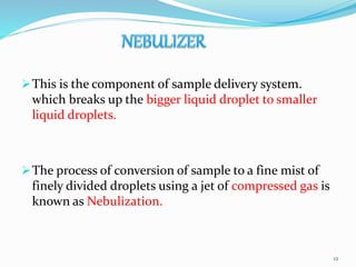 This is the component of sample delivery system.
which breaks up the bigger liquid droplet to smaller
liquid droplets.
The process of conversion of sample to a fine mist of
finely divided droplets using a jet of compressed gas is
known as Nebulization.
12
 