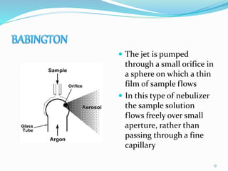  The jet is pumped
through a small orifice in
a sphere on which a thin
film of sample flows
 In this type of nebulizer
the sample solution
flows freely over small
aperture, rather than
passing through a fine
capillary
17
 