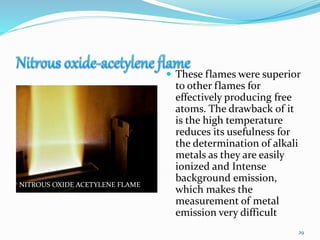  These flames were superior
to other flames for
effectively producing free
atoms. The drawback of it
is the high temperature
reduces its usefulness for
the determination of alkali
metals as they are easily
ionized and Intense
background emission,
which makes the
measurement of metal
emission very difficult
NITROUS OXIDE ACETYLENE FLAME
29
 
