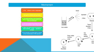 Mechanism
1.The solvent is first evaporated
leaving fine divided solid particles.
2. This solid particles move towards the
flame, where the gaseous atoms and
ions are produced.
3. The ions absorb the energy from the
flame and excited to high energy levels.
4. When the atoms return to the ground
state radiation of the element is
emitted.
5.The intensity of emitted light is related
to the concentration of the element
 
