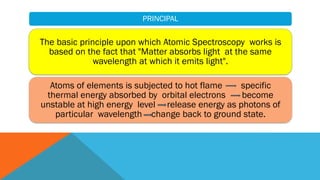 PRINCIPAL
The basic principle upon which Atomic Spectroscopy works is
based on the fact that "Matter absorbs light at the same
wavelength at which it emits light".
Atoms of elements is subjected to hot flame specific
thermal energy absorbed by orbital electrons become
unstable at high energy level release energy as photons of
particular wavelength change back to ground state.
 
