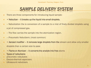 SAMPLE DELIVERY SYSTEM
 There are three components for introducing liquid sample:
 • Nebulizer – it breaks up the liquid into small droplets.
 – Nebulization the is conversion of a sample to a mist of finely divided droplets using
a jet of compressed gas.
 – The flow carries the sample into the atomization region.
 – Pneumatic Nebulizers: (most common)
 • Aerosol modifier – it removes large droplets from the stream and allow only smaller
droplets than a certain size to pass
 • Flame or Atomizer – it converts the analyte into free atoms
 Types of nebulizers:
 pneumatic nebulizers
 Electro-thermal vaporizers
 Ultrasound nebulizers
Navsahyadri Pharmacy, Naigaon, Pune.
16
 