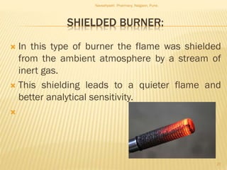 SHIELDED BURNER:
 In this type of burner the flame was shielded
from the ambient atmosphere by a stream of
inert gas.
 This shielding leads to a quieter flame and
better analytical sensitivity.

Navsahyadri Pharmacy, Naigaon, Pune.
27
 