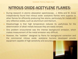 NITROUS OXIDE-ACETYLENE FLAMES:
 During research in atomic absorption spectroscopy , J, Willis and M. Amos
independently found that nitrous oxide- acetylene flames were superior to
other flames for efficiently producing free atoms, particularly for metals with
very reflective oxides, such as aluminium and titanium.
 Disadvantage is that high temperature reduces its usefulness for the
determination of alkali metals because they are easily ionized.
 One problem encountered was the intense background emission, which
makes measurement of the metal emission very difficult.
 However, the “wobbler” designed by Rains for background correction and
the commercial nitrous oxide- acetylene burners developed provide
equipment capable of high sensitivity and accuracy.
Navsahyadri Pharmacy, Naigaon, Pune.
28
 