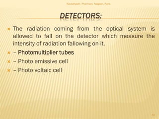DETECTORS:
 The radiation coming from the optical system is
allowed to fall on the detector which measure the
intensity of radiation fallowing on it.
 – Photomultiplier tubes
 – Photo emissive cell
 – Photo voltaic cell
Navsahyadri Pharmacy, Naigaon, Pune.
33
 