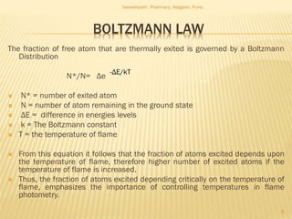 BOLTZMANN LAW
The fraction of free atom that are thermally exited is governed by a Boltzmann
Distribution
N*/N= Δe
 N* = number of exited atom
 N = number of atom remaining in the ground state
 ΔE = difference in energies levels
 k = The Boltzmann constant
 T = the temperature of flame
 From this equation it follows that the fraction of atoms excited depends upon
the temperature of flame, therefore higher number of excited atoms if the
temperature of flame is increased.
 Thus, the fraction of atoms excited depending critically on the temperature of
flame, emphasizes the importance of controlling temperatures in flame
photometry.
Navsahyadri Pharmacy, Naigaon, Pune.
8
-ΔE/kT
 